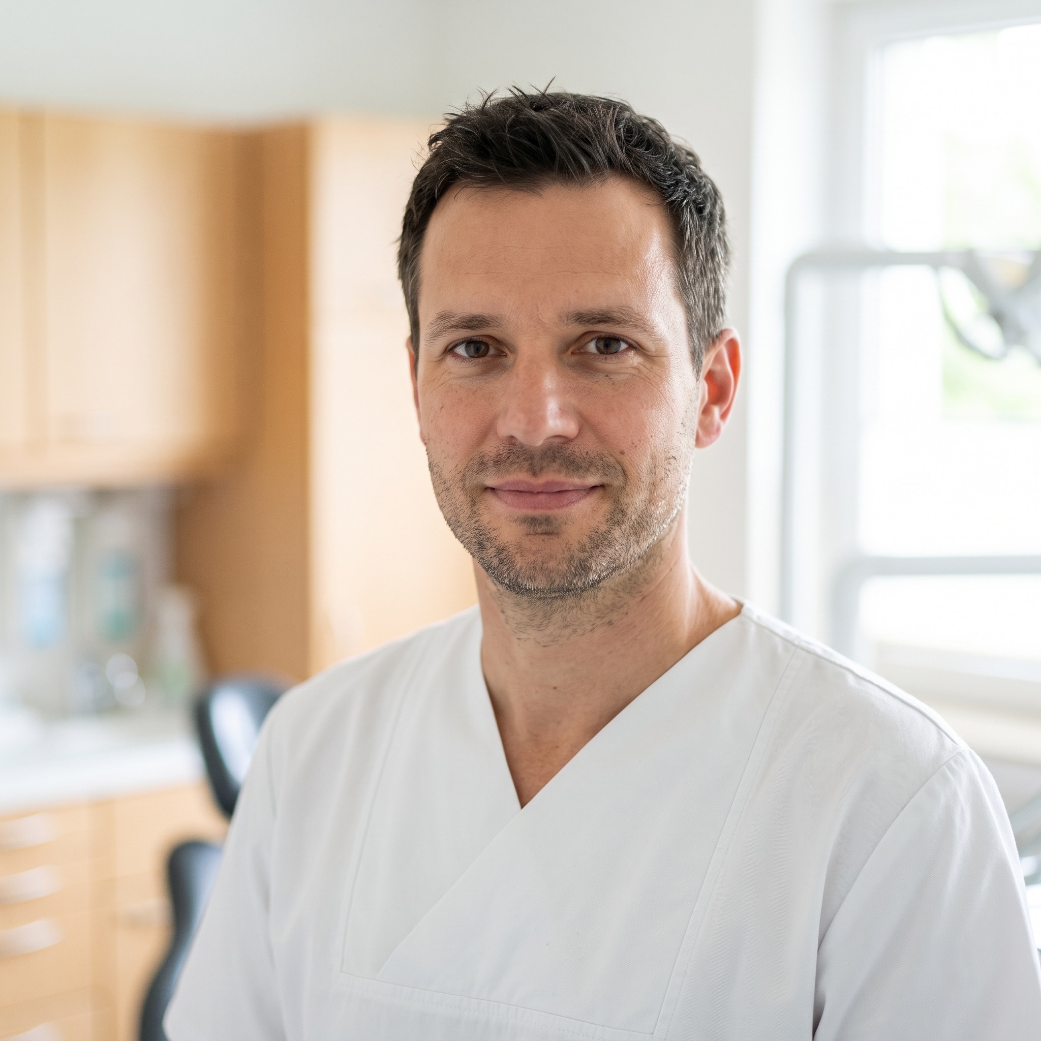 Porträt von Zahnarzt Jonas Achterberg im Behandlungsraum, ruhiger Blick zur Kamera
