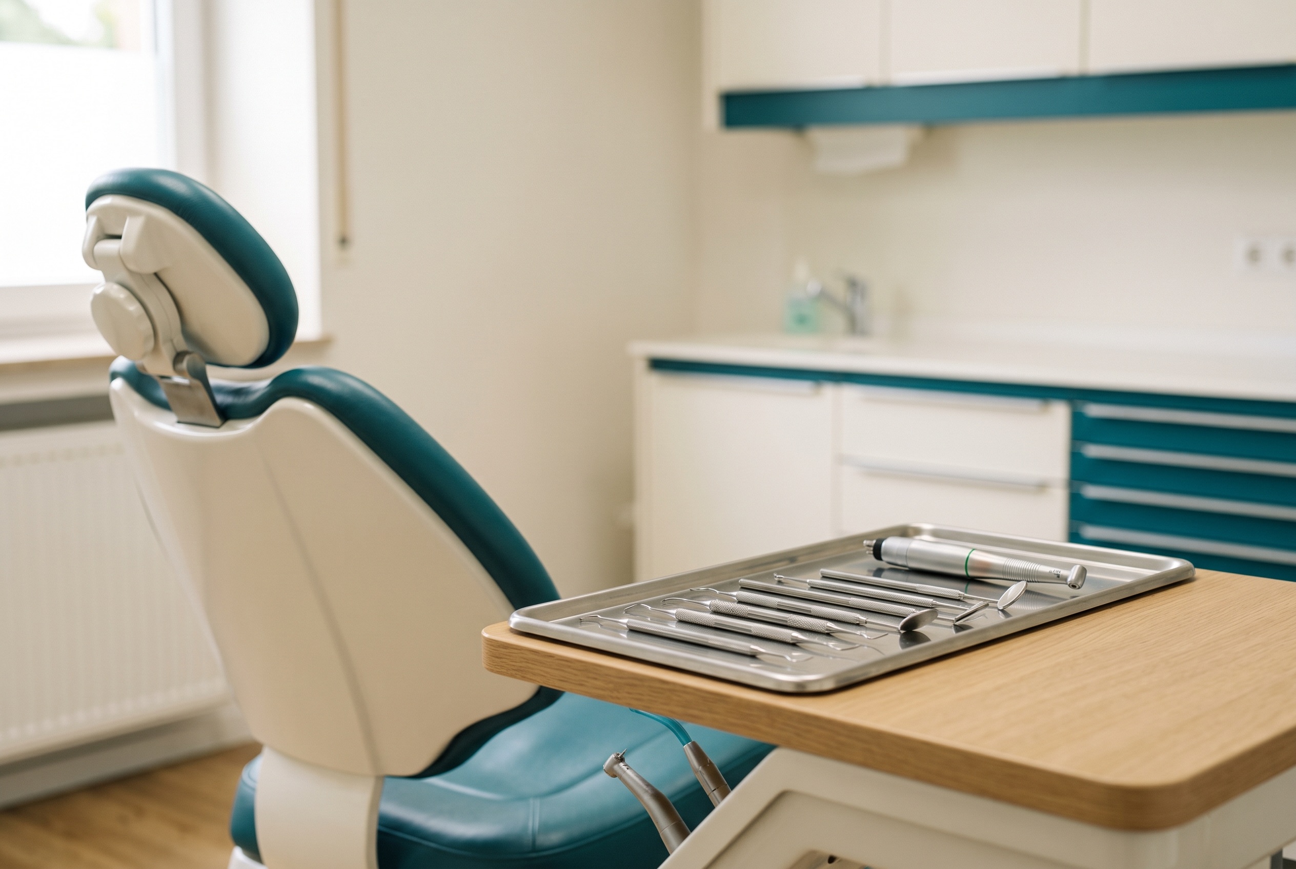 Aufgeräumter Prophylaxe-Arbeitsplatz mit Behandlungsstuhl und Instrumenten
